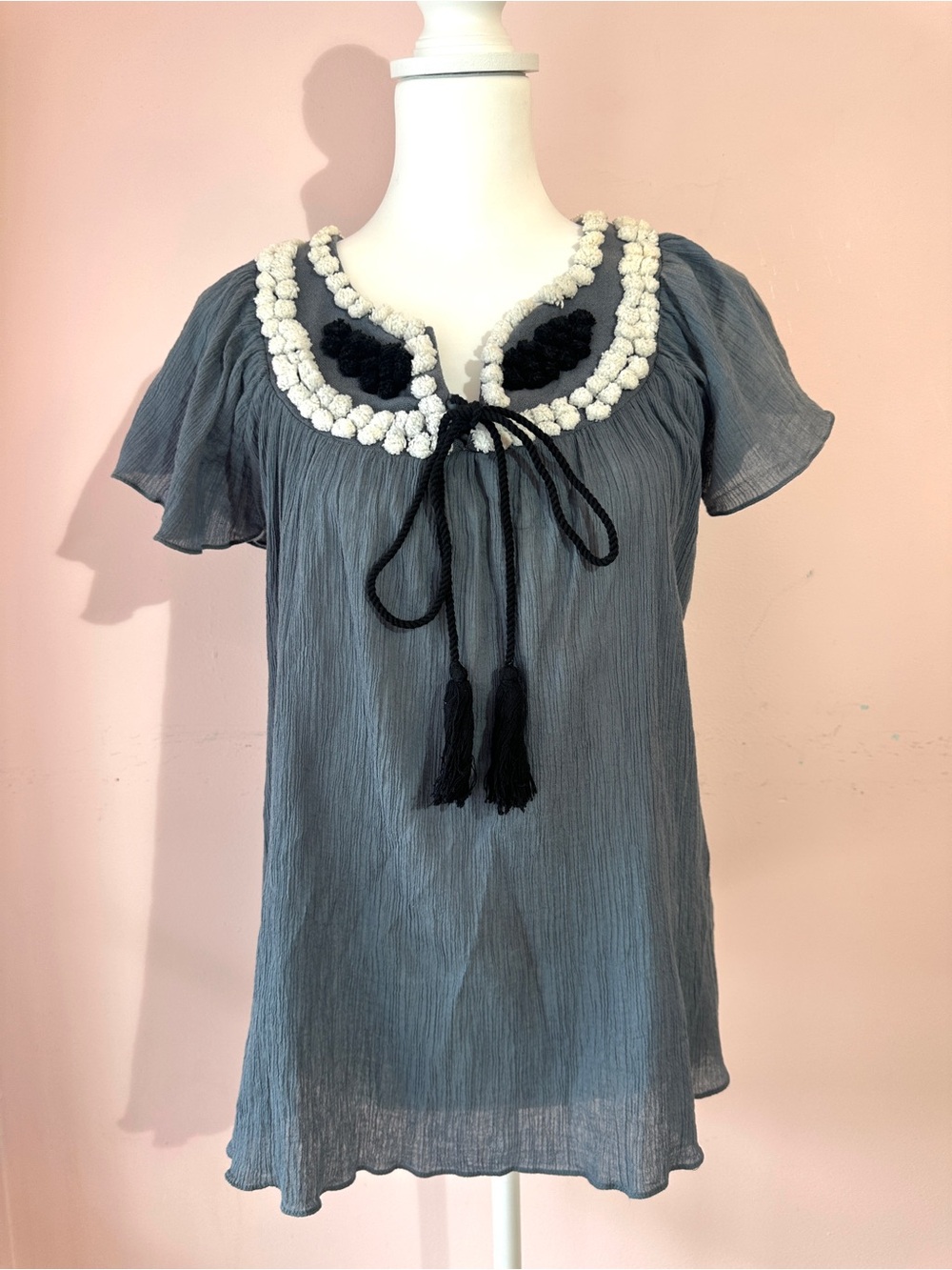 Ulla Johnson Slate Blue Pom-Trim Tie-Neck Peasant Top
